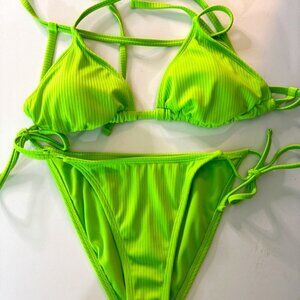 NWOT Wild Fable Neon Green Ribbed 2 Piece Triangle String Bikini - Size …